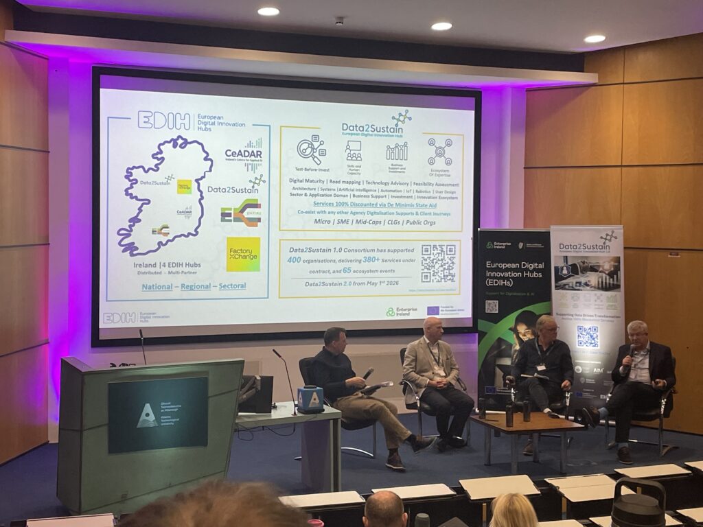 Panel discussion at sports technology and innovation event in Ireland at ATU featuring industry speakers and digital innovation hubs presentation