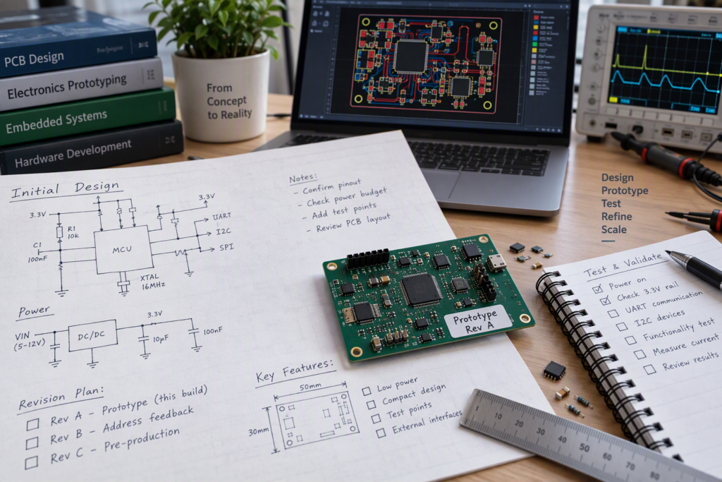 Electronic hardware prototype on a workbench alongside PCB design layouts, engineering notes, and test equipment, illustrating the product development and prototyping process.